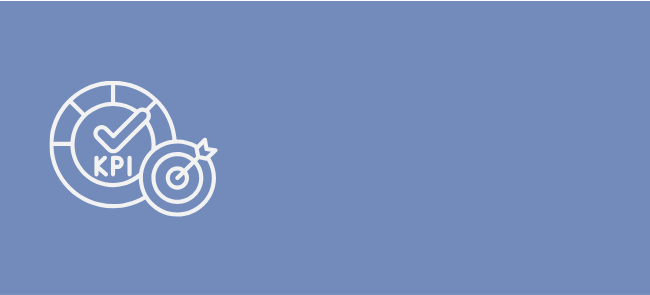 Line art icons of a KPI gauge, a checkmark, and a target with an arrow on a green background.