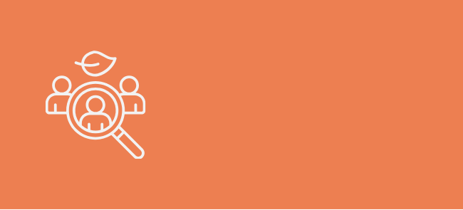 White line icon of a magnifying glass focused on a person, with two smaller people icons and a leaf above, on a green background.