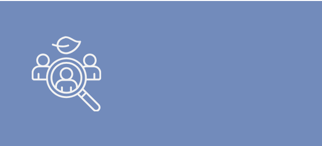 White line icon of a magnifying glass focused on a person, with two smaller people icons and a leaf above, on a green background.