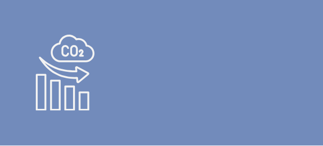 Green background with a white icon of a descending bar graph and a cloud labeled 'CO2' indicating reduction of carbon dioxide emissions.