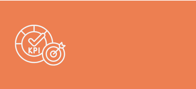Line art icons of a KPI gauge, a checkmark, and a target with an arrow on a green background.