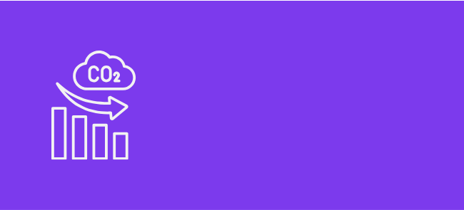 Green background with a white icon of a descending bar graph and a cloud labeled 'CO2' indicating reduction of carbon dioxide emissions.