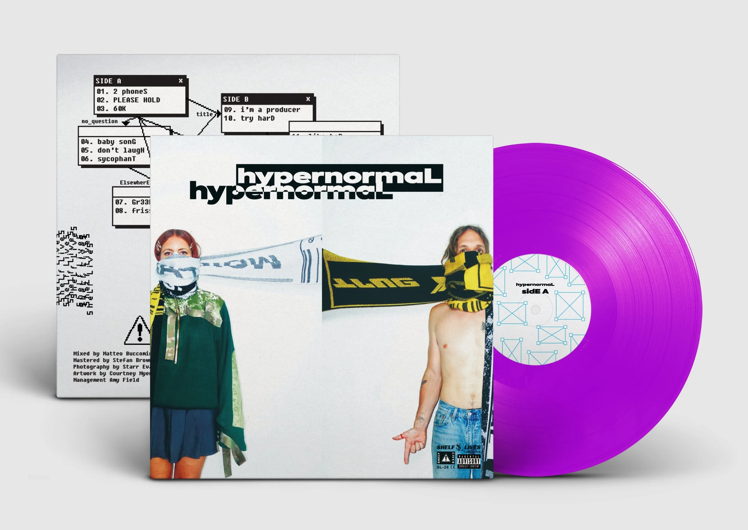 A purple vinyl record with a white label and black text, resting behind a booklet titled 'hypernormal hypernormal' featuring a shirtless man and a woman wearing a face mask, with digital and graphic elements in the background.