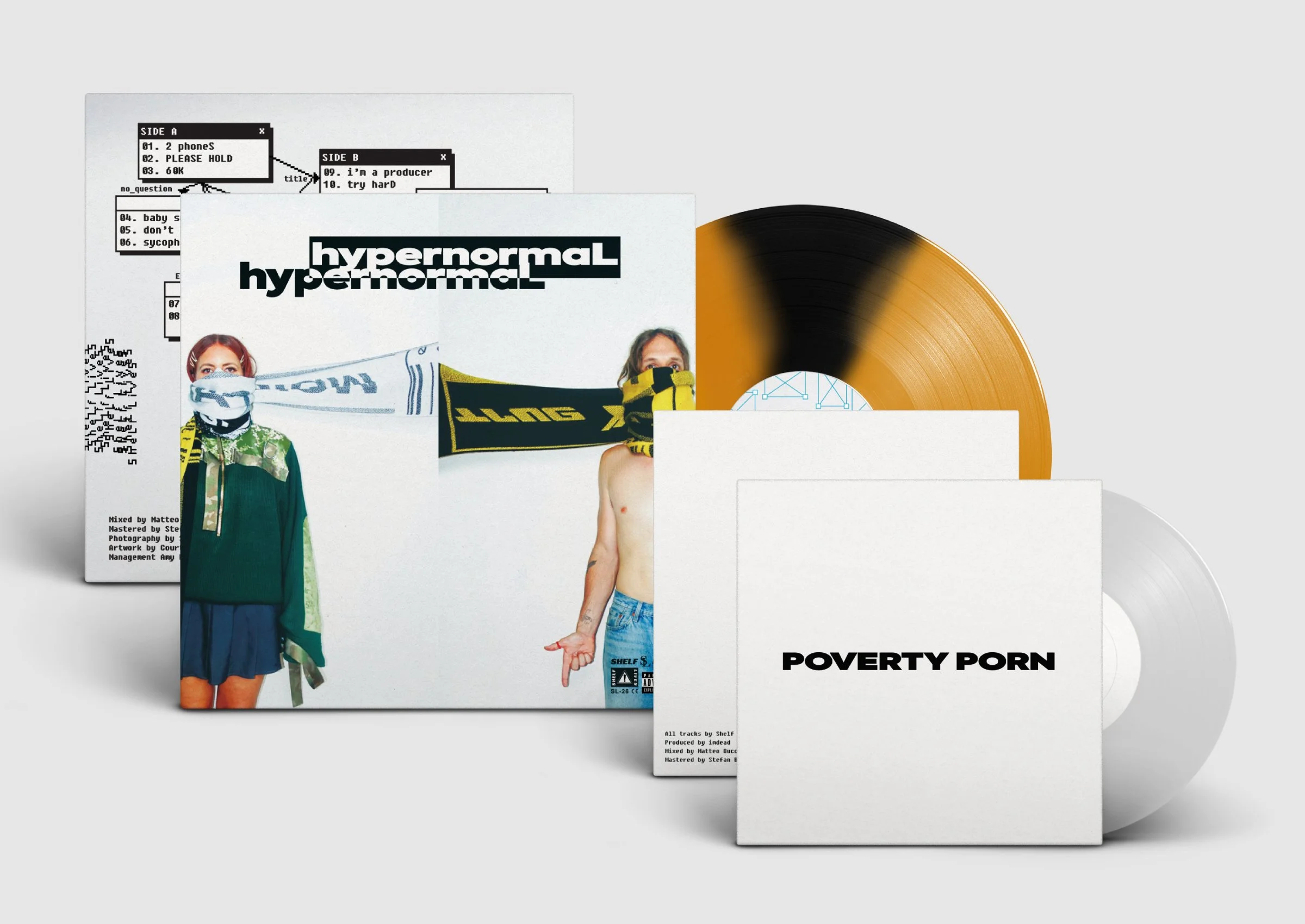 A collection of four vinyl records with album covers, including one titled 'hypernormal hypernormal' featuring two women with scarves covering their faces, and another titled 'POVERTY PORN' in plain white cover. The records are in black, gold, and white colors, against a light gray background.
