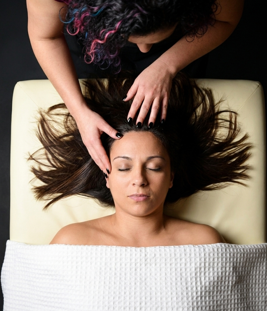 Jacquelyn Fanno performing scalp massage therapy at Eros & Essence in Tarzana, CA