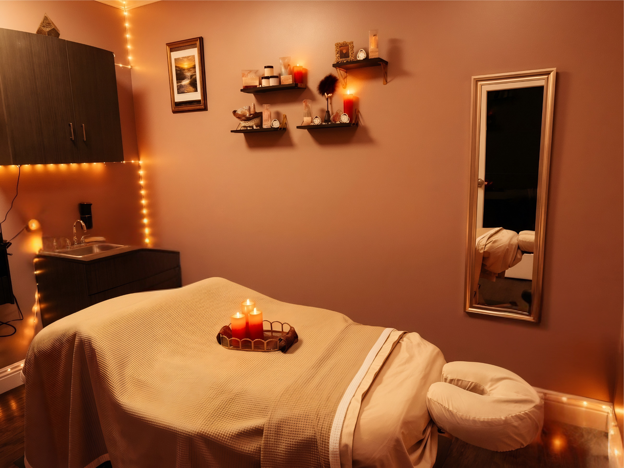 Jacquelyn Fanno guiding lower back restoration massage instruction at Eros & Essence private wellness studio in Tarzana, CA