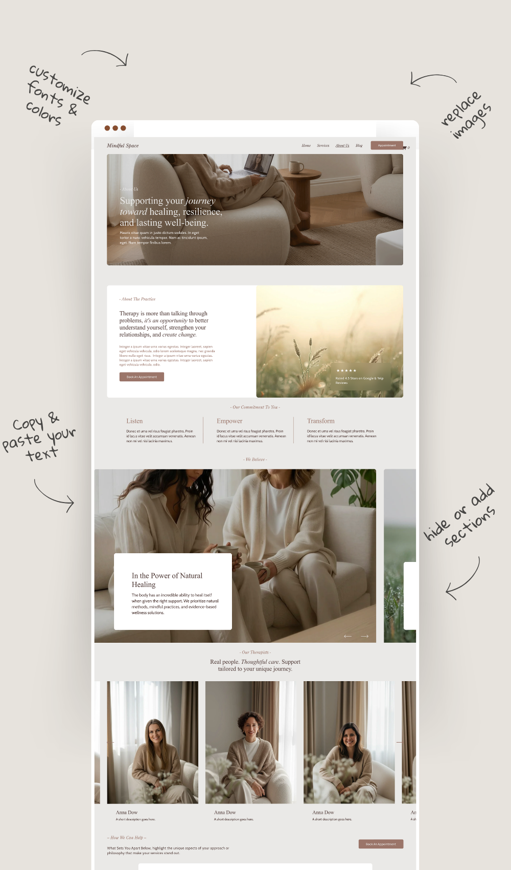 Therapist Squarespace website template for counselors, psychologists, psychotherapists, social workers, and private practice websites