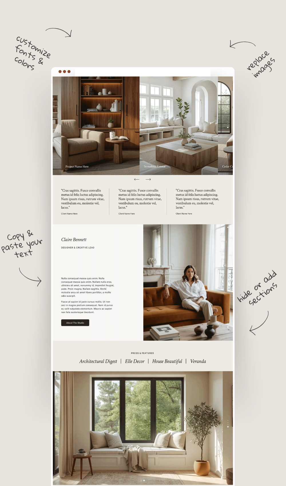 Interior Designer Squarespace website template for interior designers, decorators, home staging professionals, and design studios