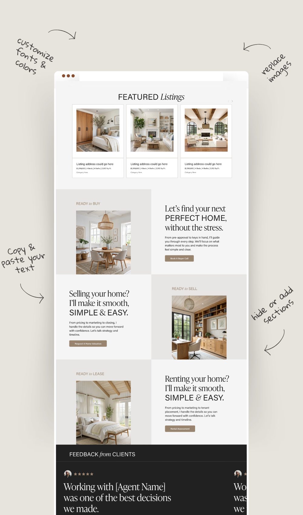 Real Estate Agent Squarespace website template for Realtors, brokers, and real estate professionals