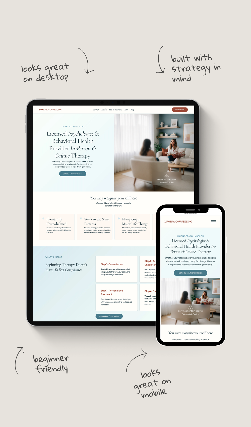 Therapist Squarespace website template for counselors, psychologists, therapists, mental health professionals, and private practice websites
