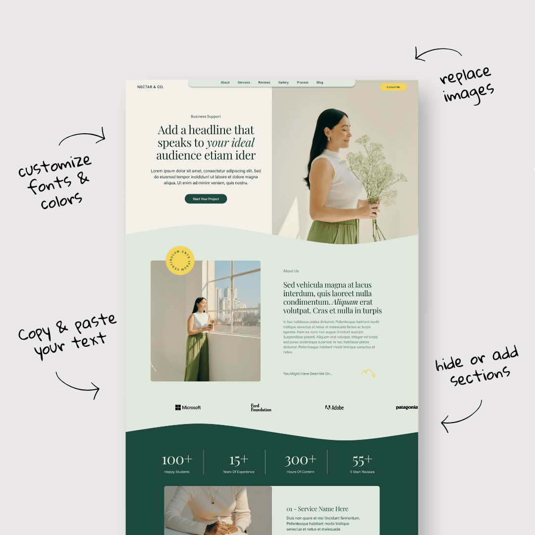 One Page Squarespace website Template for Business Online Coach Consultant Therapist Website