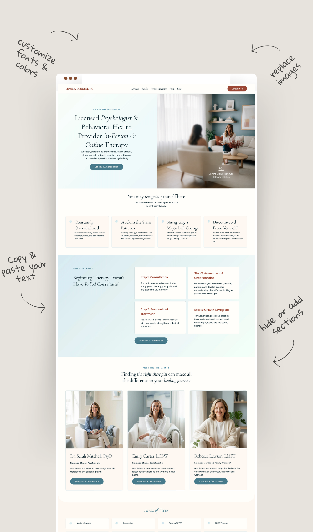 Therapist Squarespace website template for counselors, psychologists, therapists, mental health professionals, and private practice websites