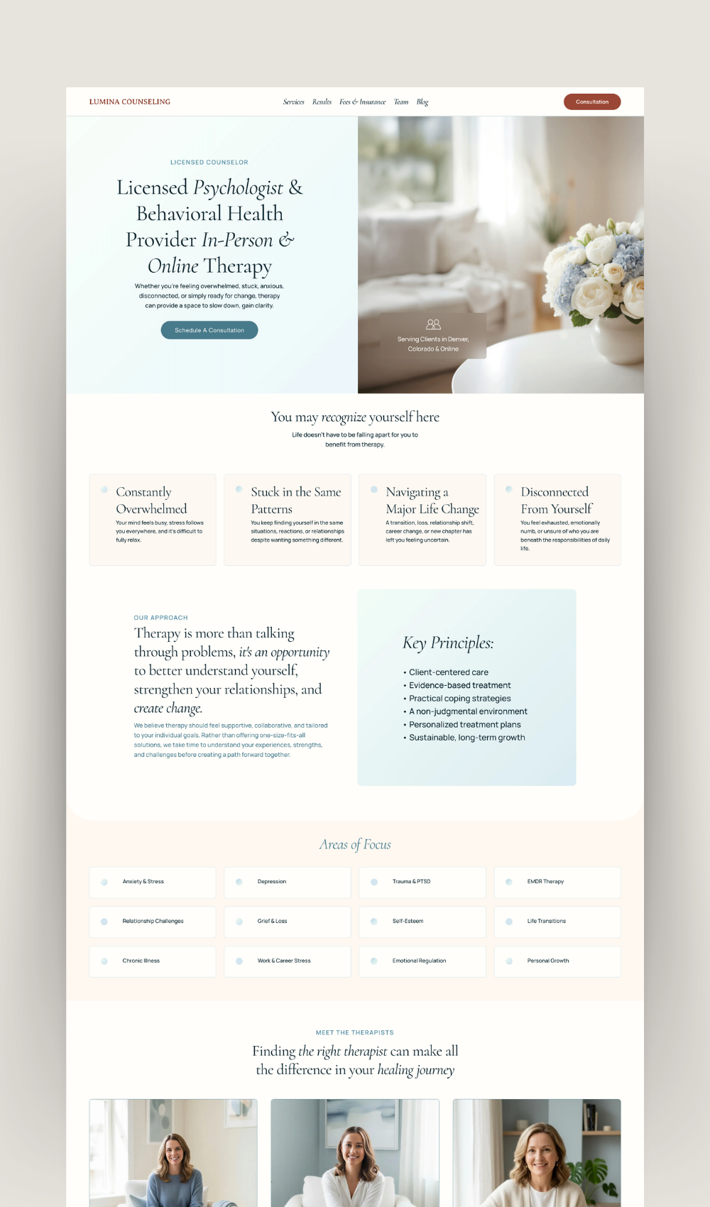 Therapist Squarespace website template for counselors, psychologists, therapists, mental health professionals, and private practice websites