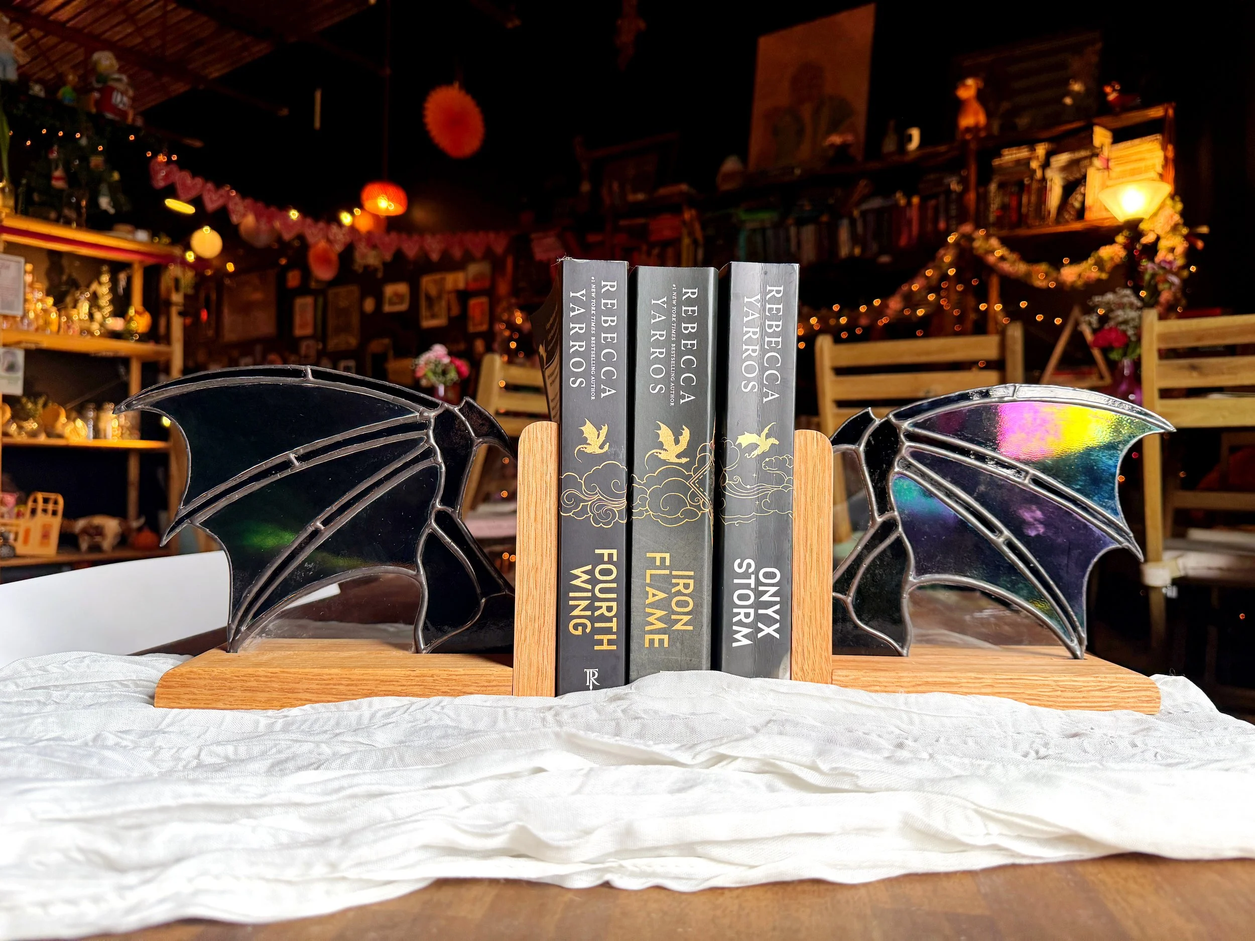 Stained Glass Dragon Wing Bookends - Black Iridescent
