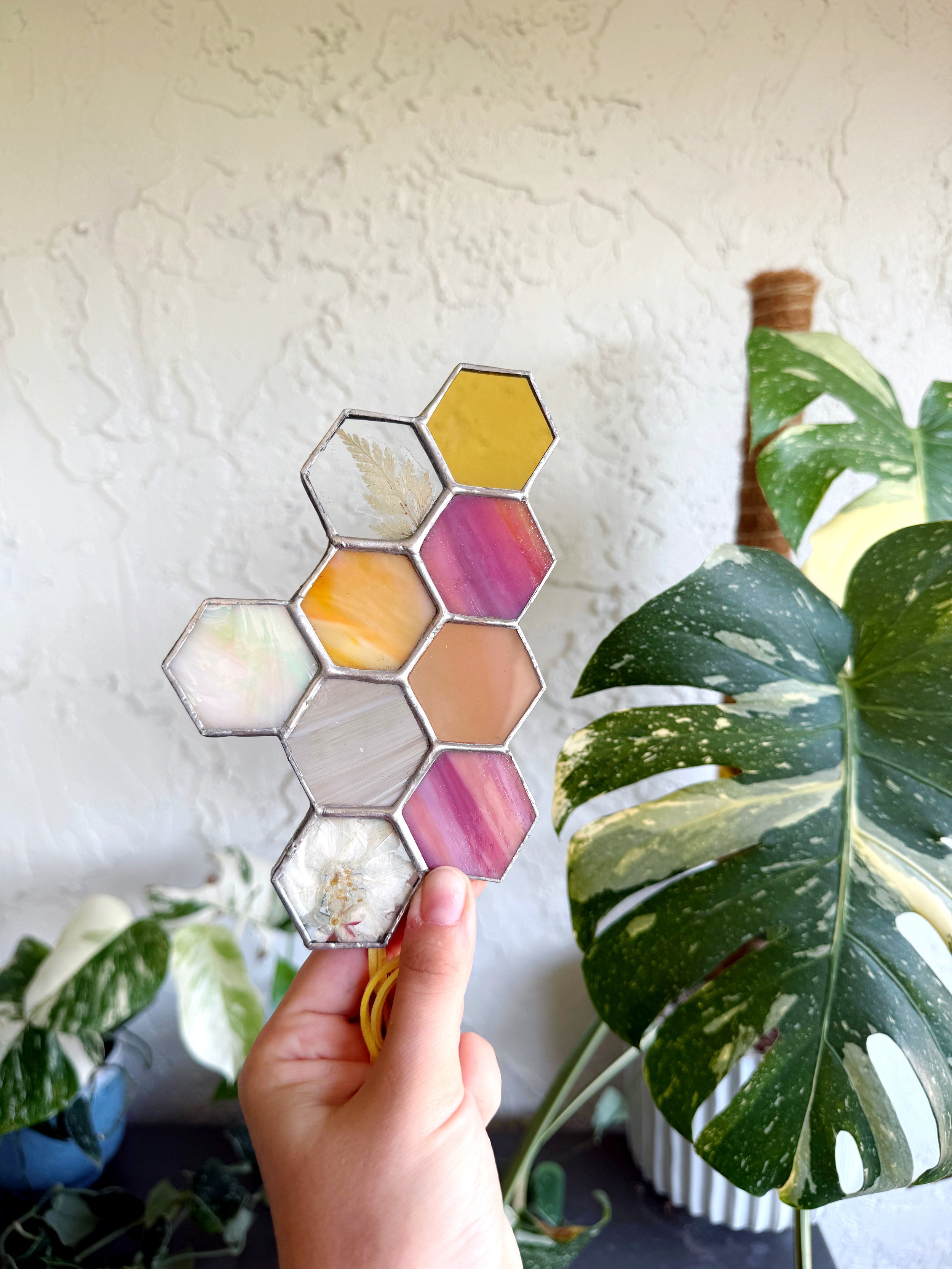 Pressed Flower Stained Glass Honeycomb Suncatcher
