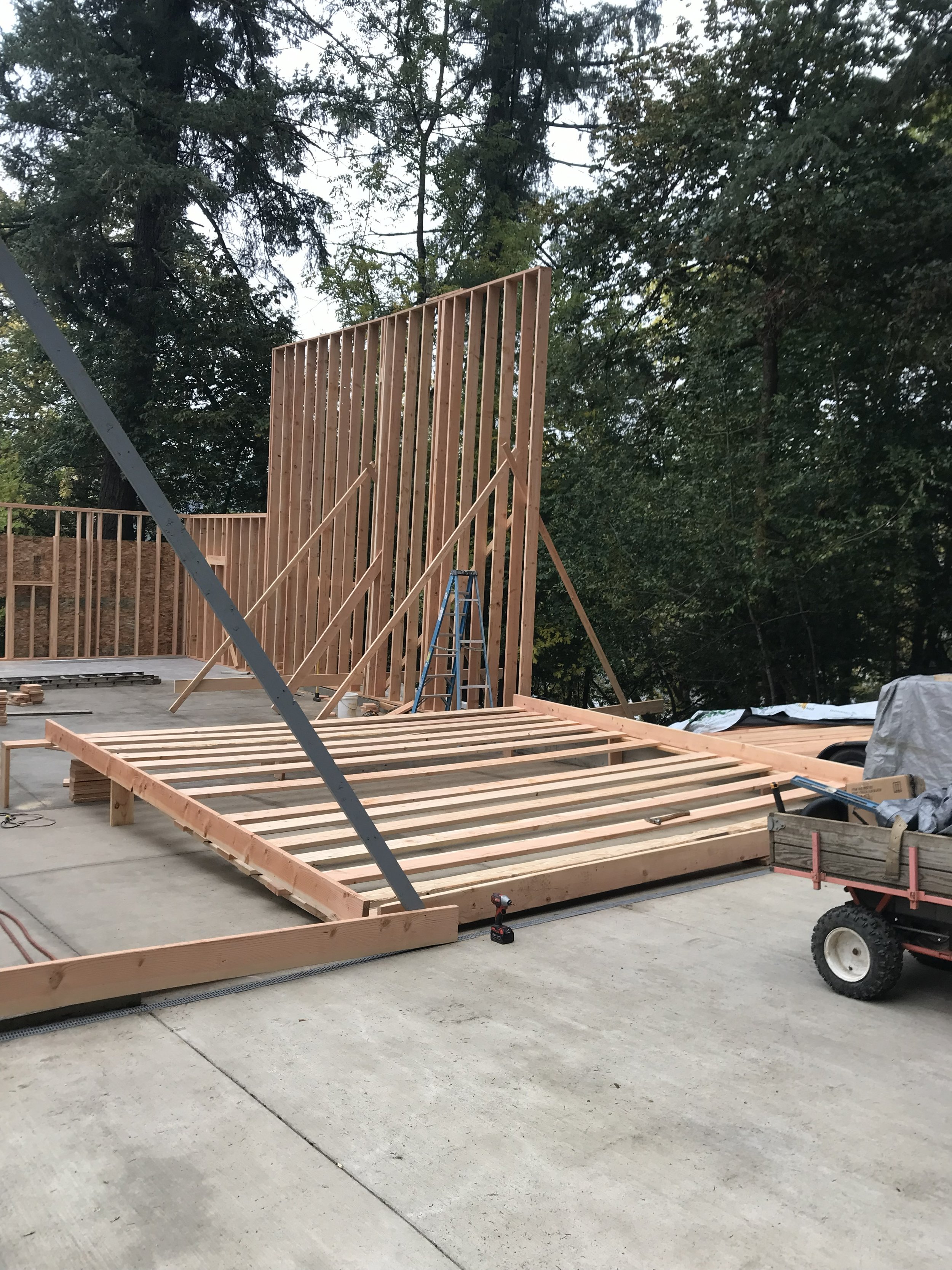 The exterior walls are being stood for an RV storage garage near Roseburg Oregon.
