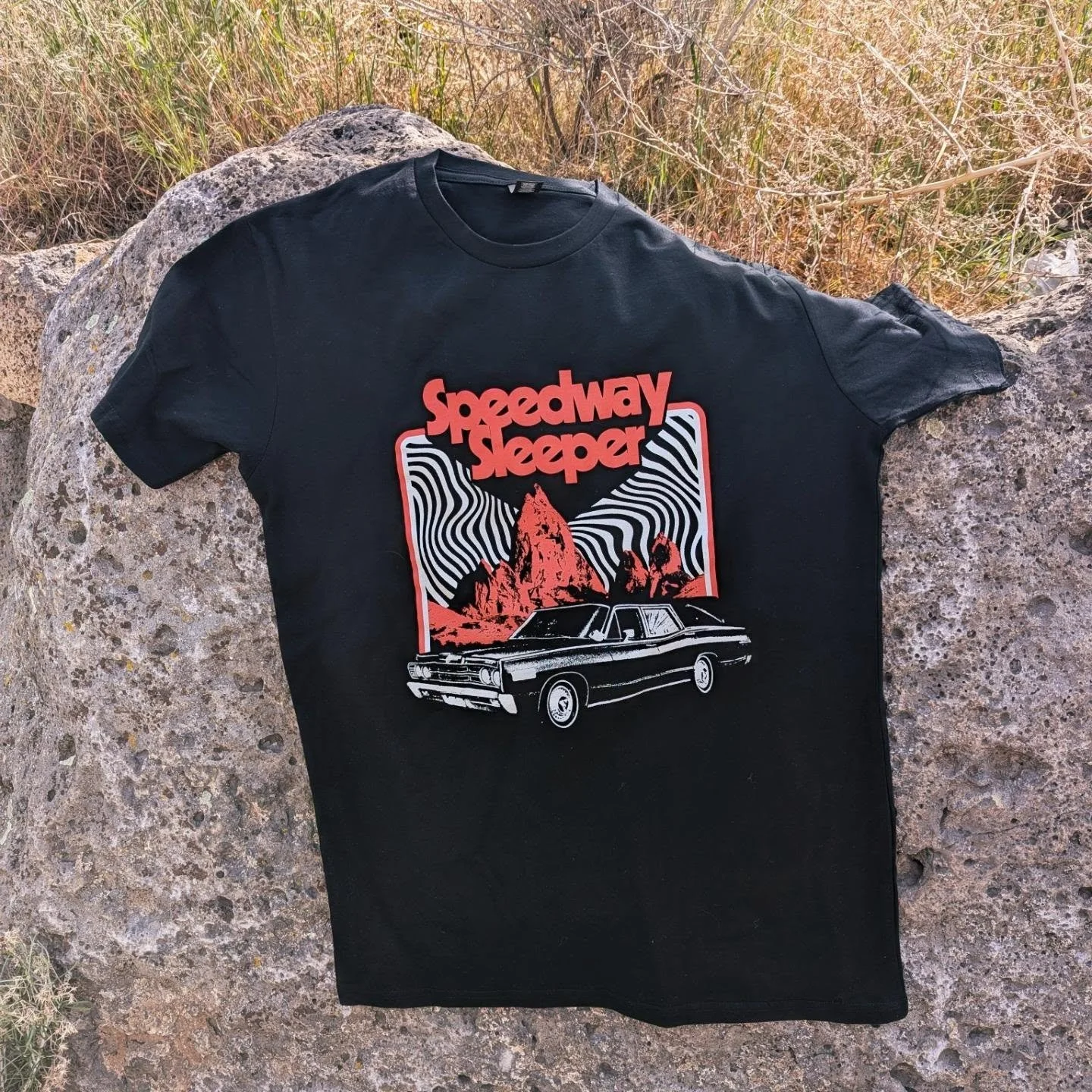 snag one of these hot off the press Speedway Sleeper tees at our next show (more details on that tomorrow) Huge thank you to  @f1ca_studio and @dazeprinting for bringing our desert fuzz visions to life.