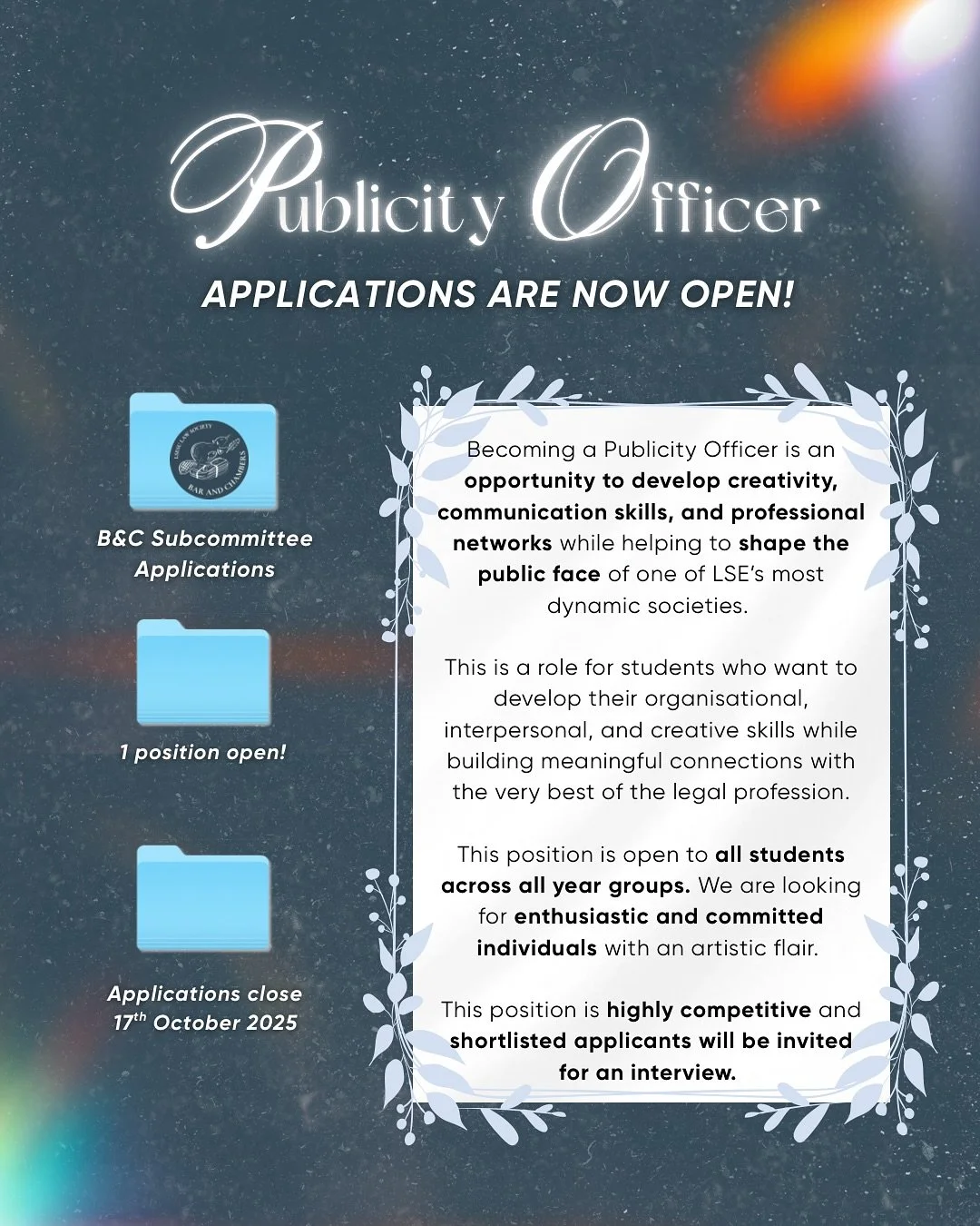 B&C are now recruiting! 
As a Publicity Officer, you will be given the exclusive opportunity to express your creativity through designing reels and posts. You’ll also have the chance to interview barristers and be the face of B&C&rsquo