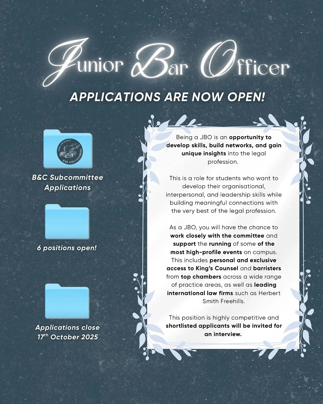 B&C are now recruiting! 
As a JBO, you will be given the exclusive opportunity to work with the Executive Committee to organise events and network with barristers from various chambers π©π»‍βοΈπ¨π»‍βοΈ
Don’t miss out on this opportu