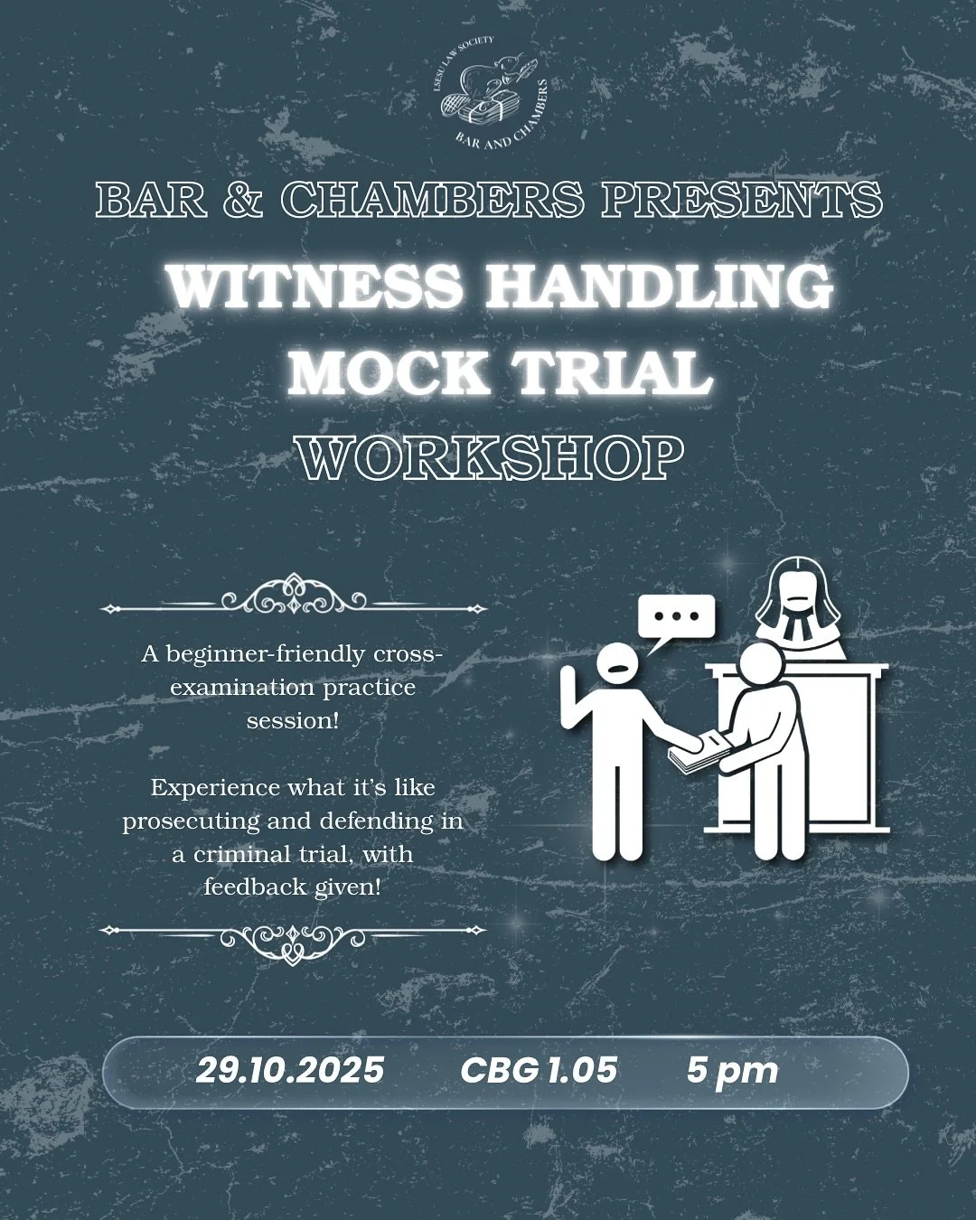 Bar and Chambers is please to announce our first, non-competitive mock trial for the year.
π©π»‍βοΈπ¨π»‍βοΈThis will focus on WITNESS HANDLING (Cross-Examination) and is open to ALL law and non-law students. 
π³οΈRegister by scanning the QR co