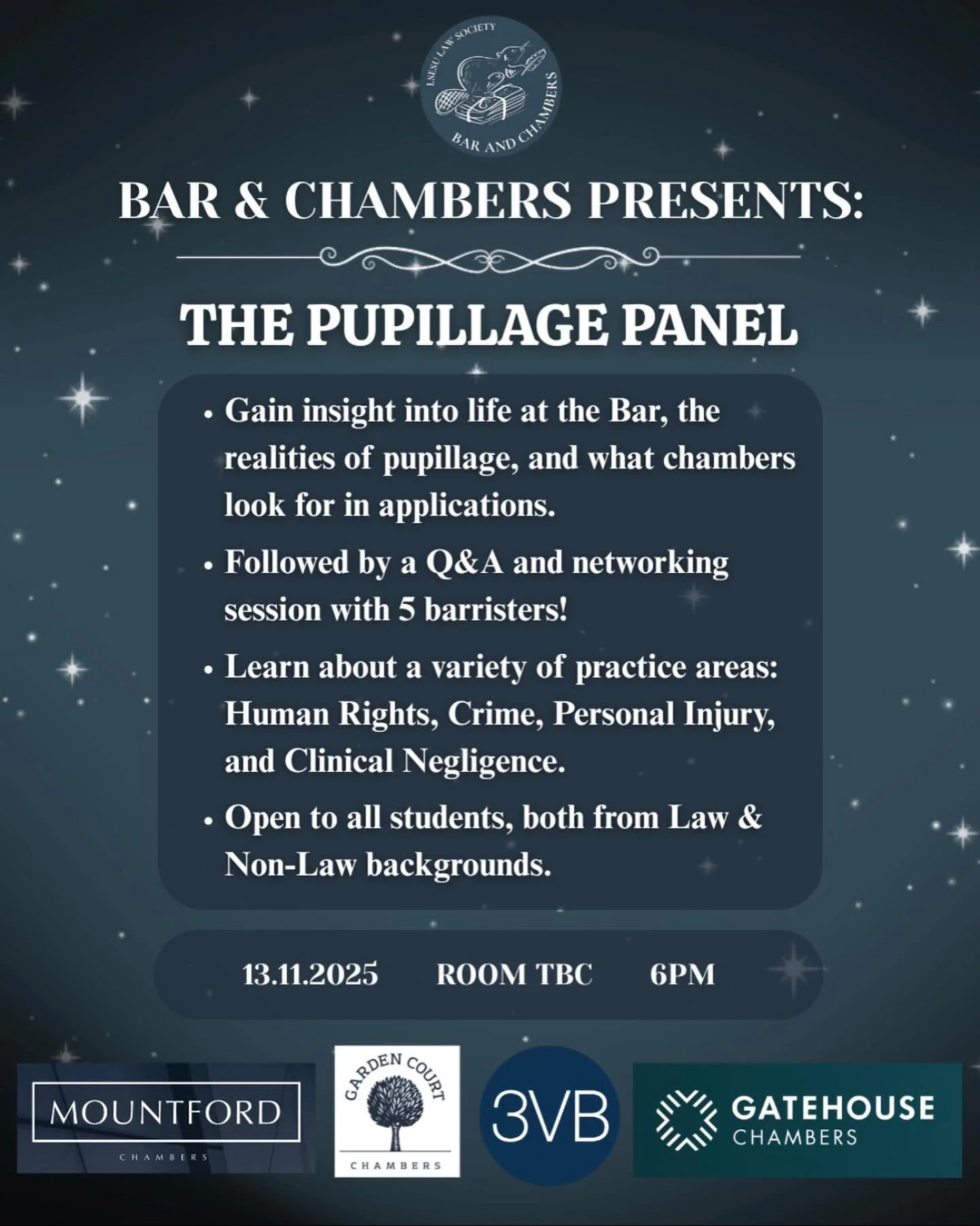 Thinking about a career at the Bar? Don&rsquo;t miss our exclusive Pupillage Panel with barristers from leading chambers. 

The discussion will explore the realities of pupillage, life in chambers, and tips for aspiring barristers, followed by a Q&am
