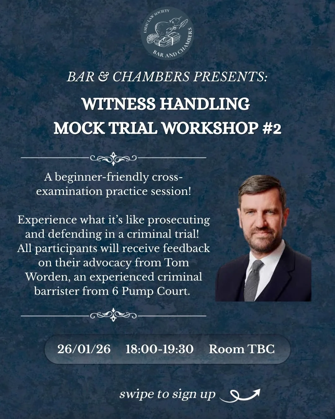 Following the high demand from our previous session in the Autumn Term, we will host another witness-handling exercise for all aspiring barristers. 

We will be joined by Tom Worden, an experienced criminal barrister from 6 Pump Court �and LSE alumnu