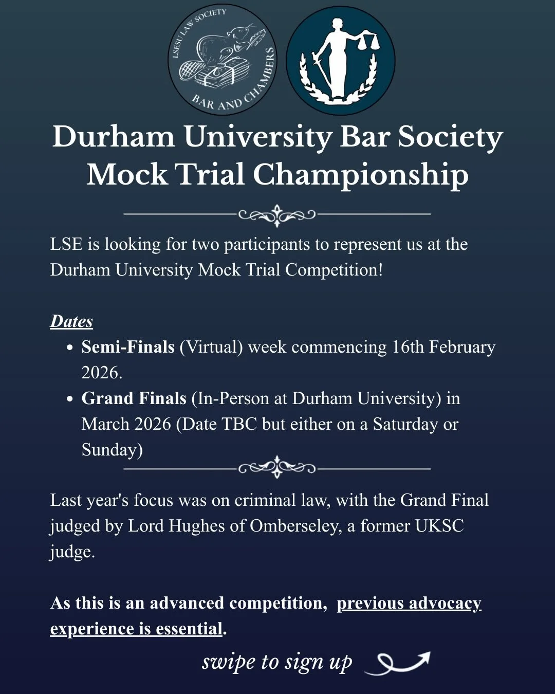 We are pleased to announce that LSE will be participating in this renowned mock trial competition hosted by the Durham University Bar Society.

Building on our success in last year&rsquo;s competition, we would like to select two students to represen