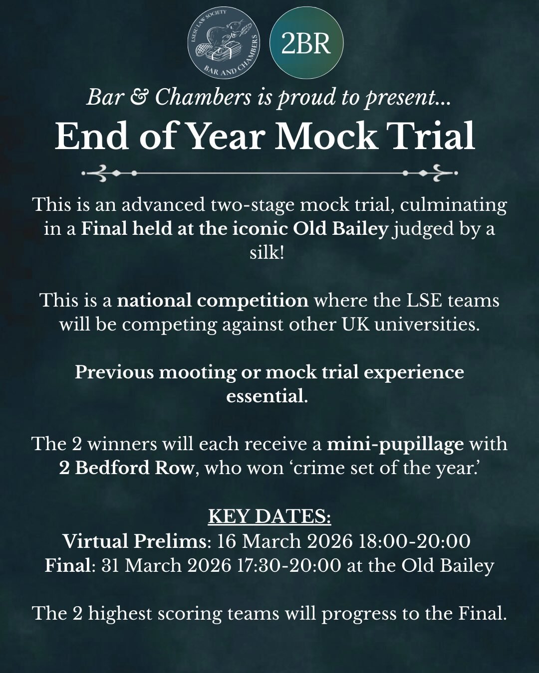 We are proud to present the LSE End of Year Mock Trial Competition!

This is an advanced two-stage mock trial, culminating in a Final held at the iconic Old Bailey judged by a silk! This is a national competition where the LSE teams will be competing