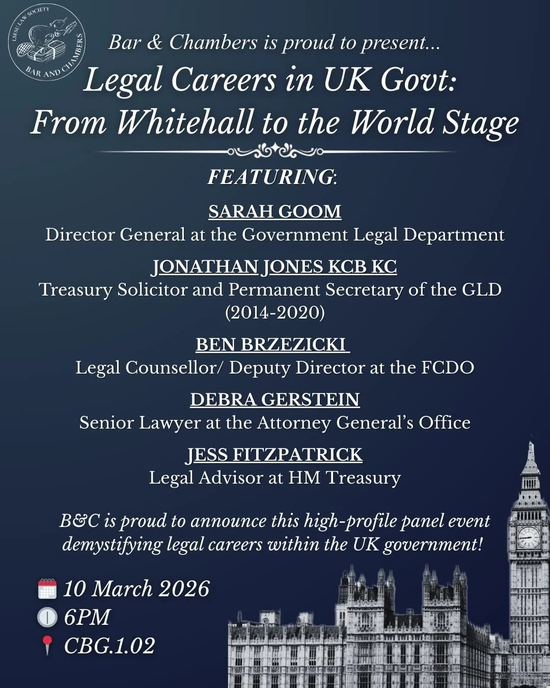 Bar &amp; Chambers is proud to announce this high-profile panel event demystifying legal careers within the UK government, an impactful and often overlooked alternative to private practice.&nbsp;

The event will take the form of an interactive discus