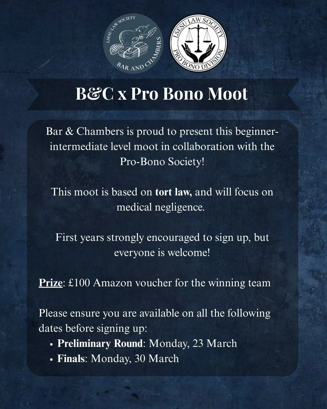 Bar &amp; Chambers is proud to present this beginner-intermediate level moot in collaboration with the Pro-Bono Society!

This moot is based on tort law, and will focus on medical negligence.
First years strongly encouraged to sign up, but everyone i