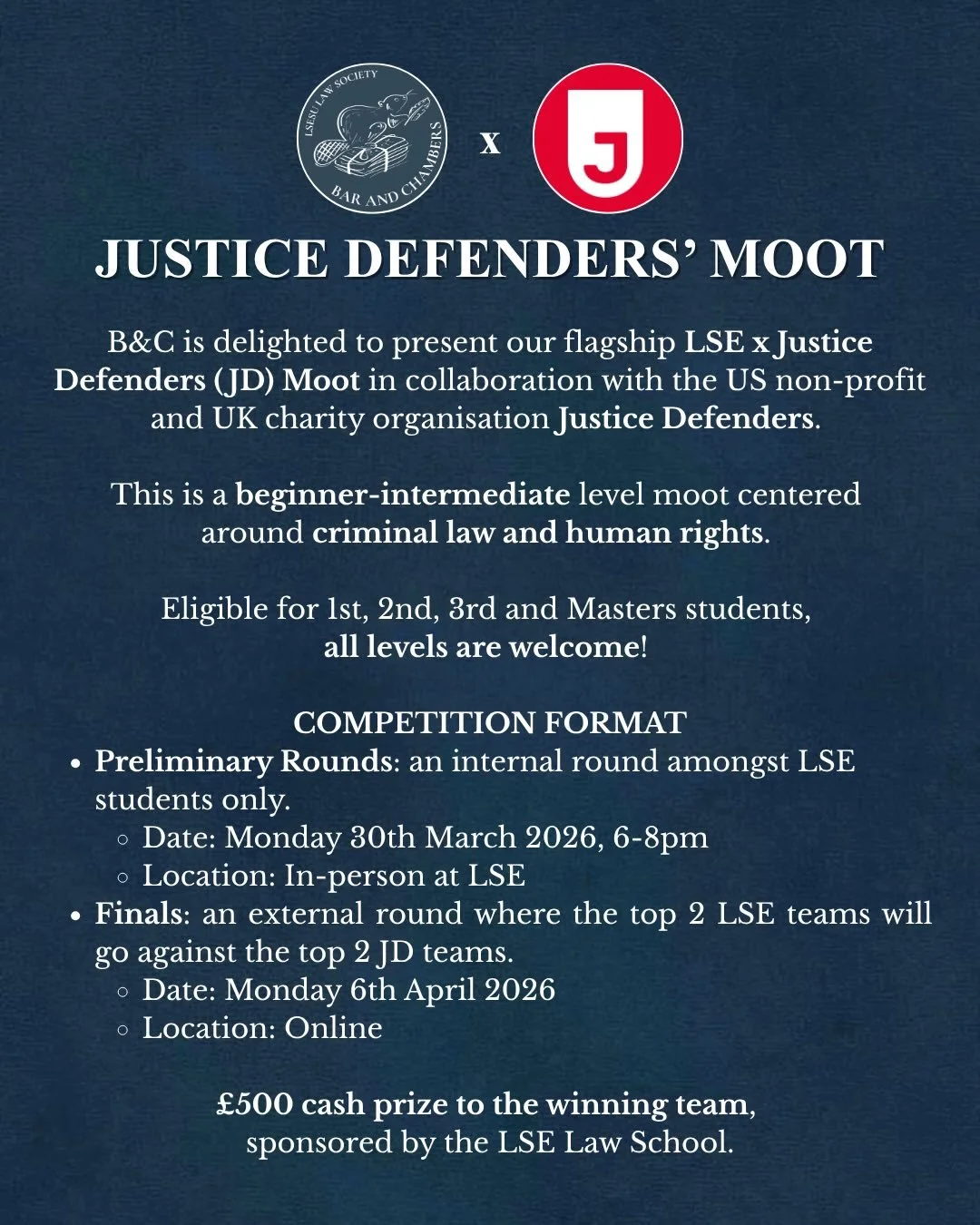We are delighted to present our flagship LSE x Justice Defenders (JD) Moot in collaboration with the US non-profit and UK charity organisation Justice Defenders. 

JD is a movement who work with prisoners across different countries in Africa in order