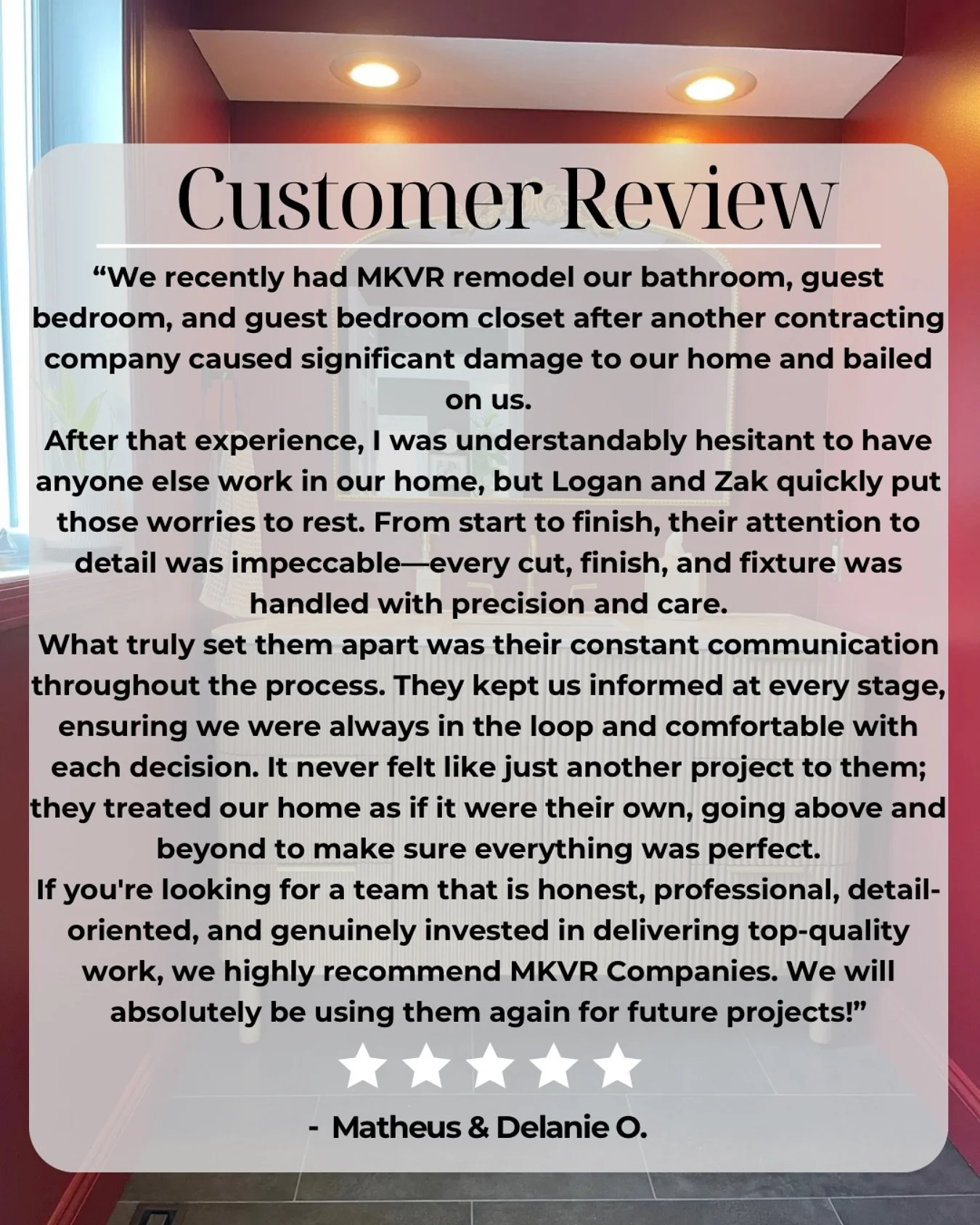 Customer Testimonial 🗣️

We appreciate the kind review! We approach every project as if it were us in the customer&rsquo;s shoes - ensuring everything is communicated effectively and that the work is done professionally. 

#customertestimonial #cust