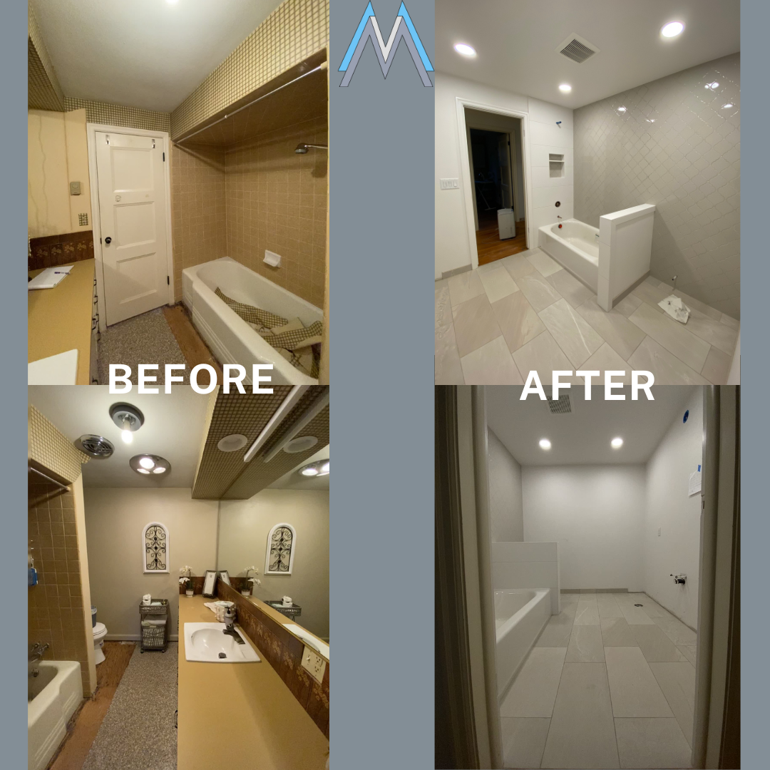 bathroom remodel: on right wall installed 4'' arabesque and showerhead wall installed 18x18 porcelain tiles, tile flooring installed
