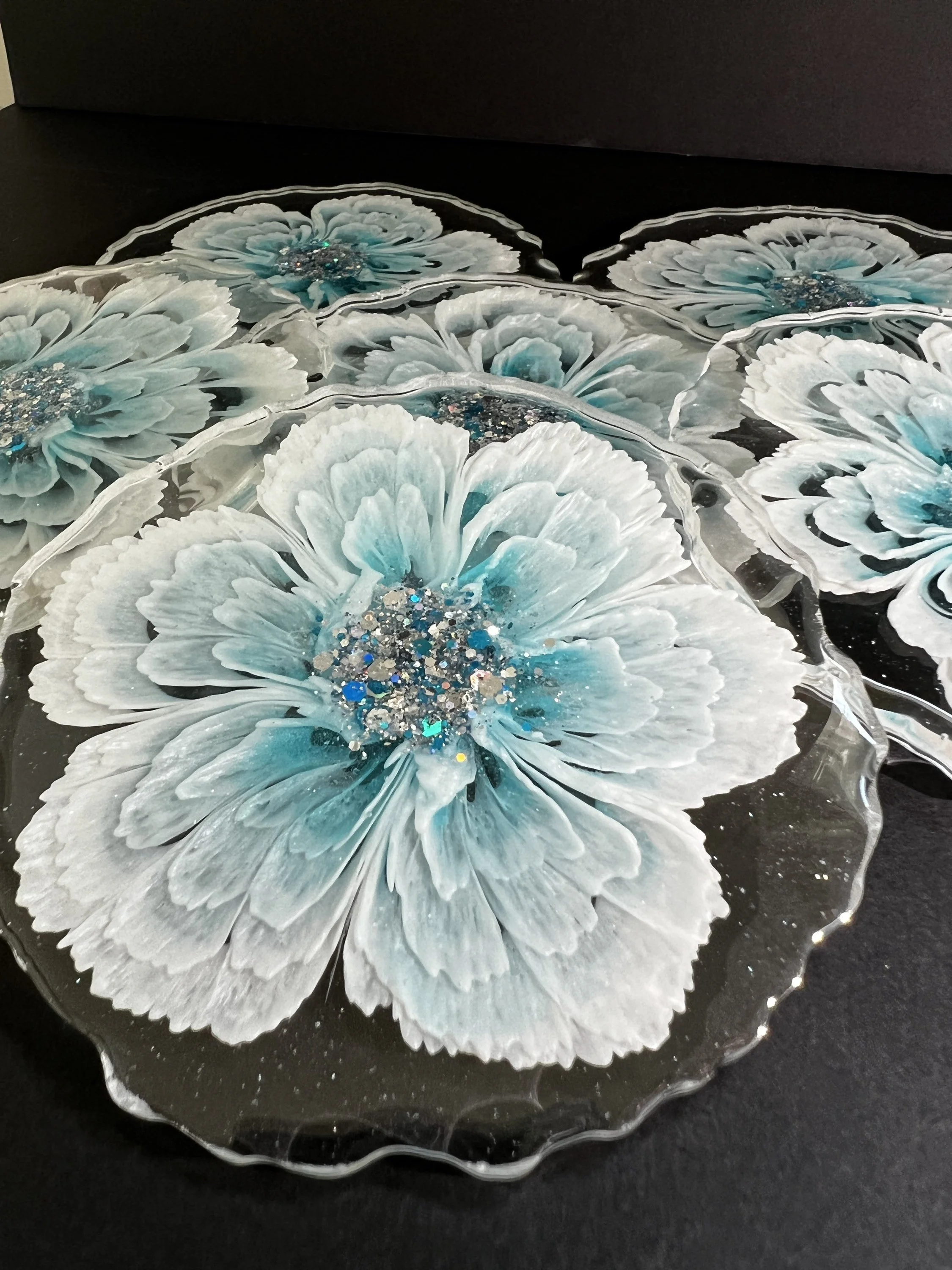 Shimmering Sky Blue and White 3D Flower Resin Coasters -  home decor