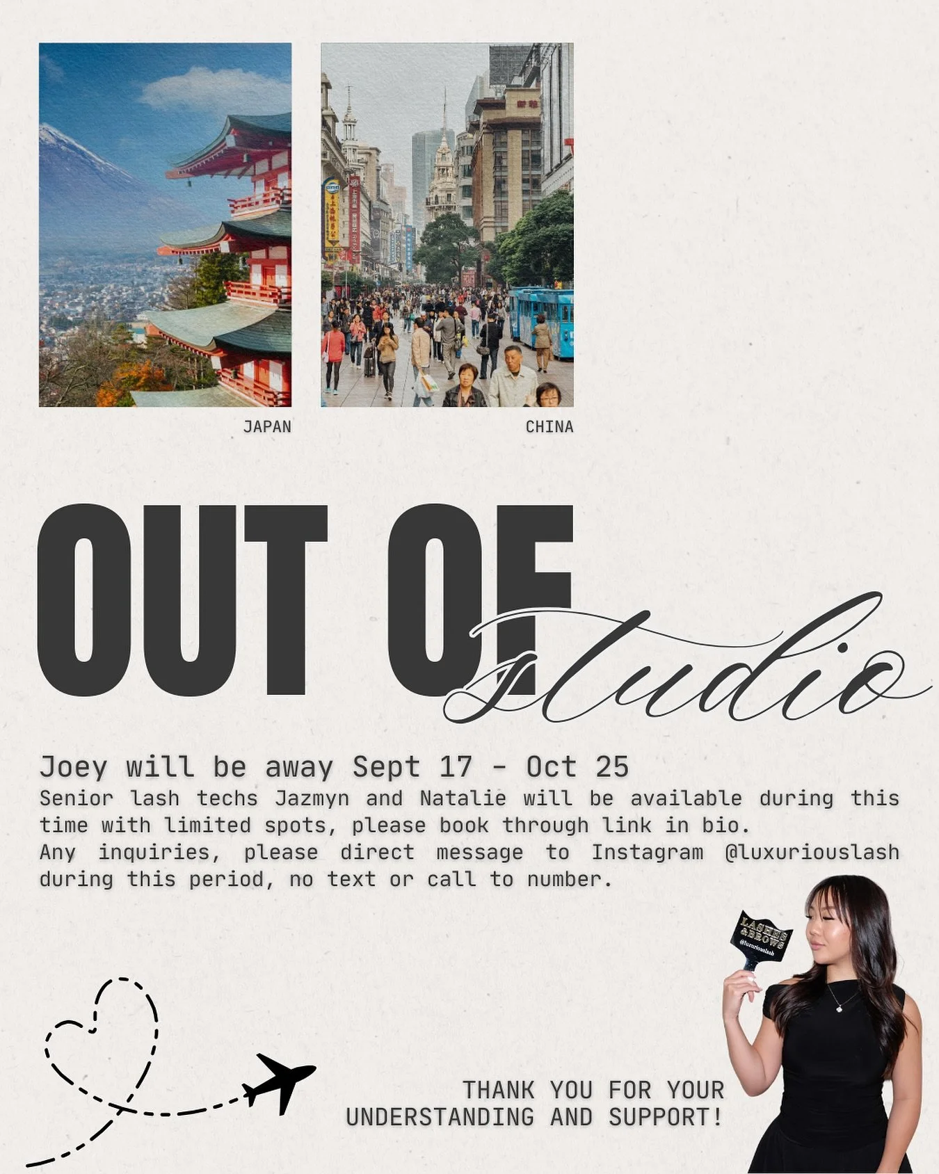Heads up girlies!✨

Joey will be away from Sept 17 - Oct 25 ✈️ 
Please pre-book your appointments/accordingly with our senior lash techs @lashedbyxnat @jazmynlashes 

Joey&rsquo;s October schedule will be open this weekend🤍
_______
📆 Booking Aug &a