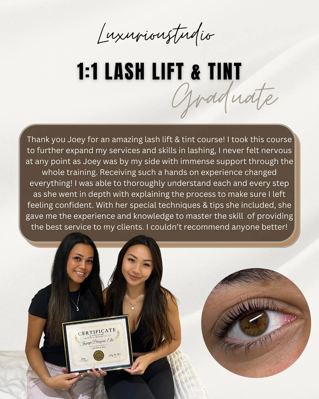 Congratulations to @jazmynlashes for completing the 1:1 Lash Lift &amp; Tint Course🤍

As a seasoned lash artist, Jazmyn was looking to expand her portfolio, now with this new service under her belt she is able to expand her clientele and income stre