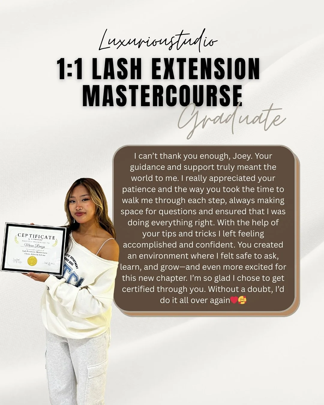 ✨ Congratulations to @maria._rinoza our newest Lash Extension Master Course graduate! 🎓💖 After 2 years of lashing as a hobby, she decided it was time to invest in herself and turn her passion into a business. She&rsquo;s now officially certified in