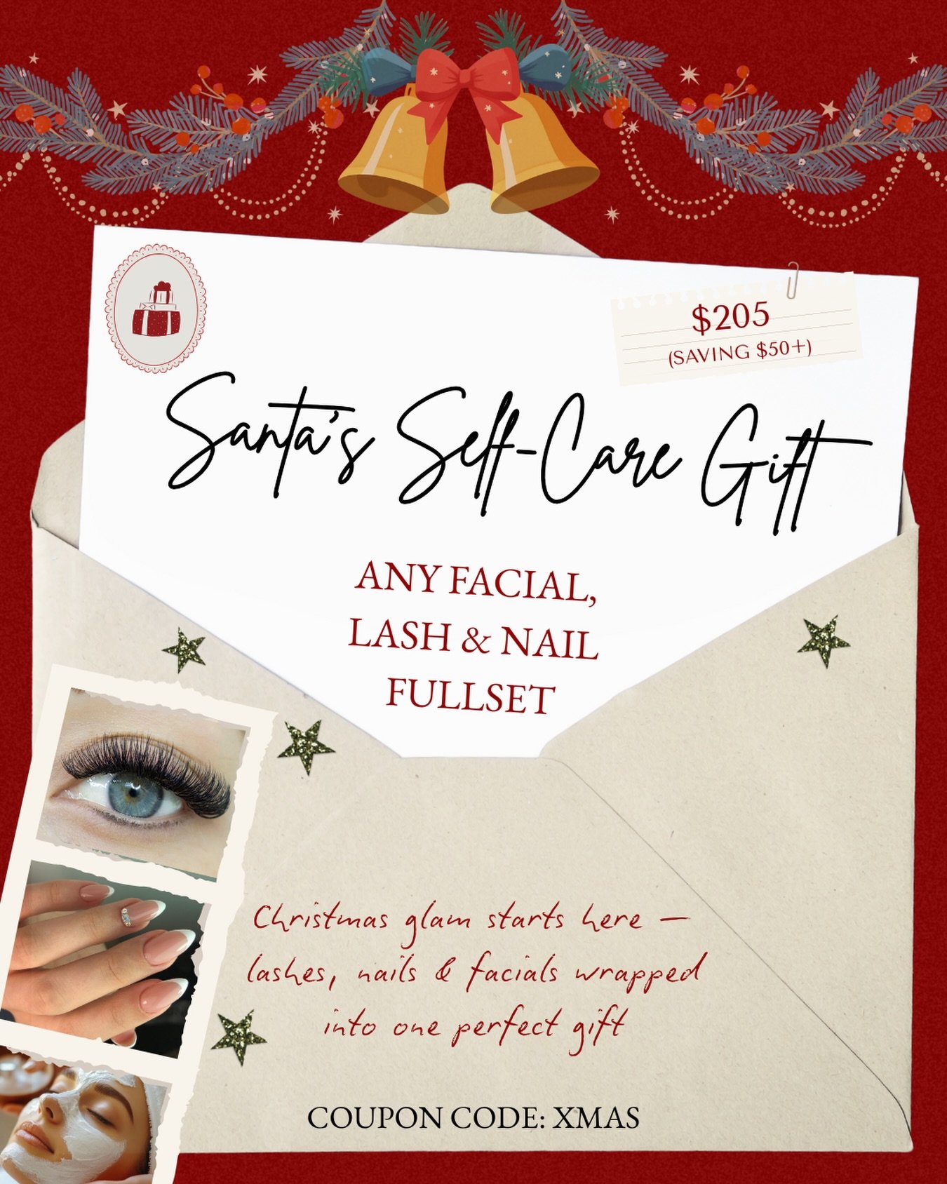 🎅🏼 Santa called&hellip; he said you deserve a FULL GLAM moment!

For just $205, enjoy:
✨ A full lash set by any senior tech (excluding mega/LC curl)
✨ A one-colour nail full set
✨ Your choice of facial

Save $50+ while giving the perfect Christmas 
