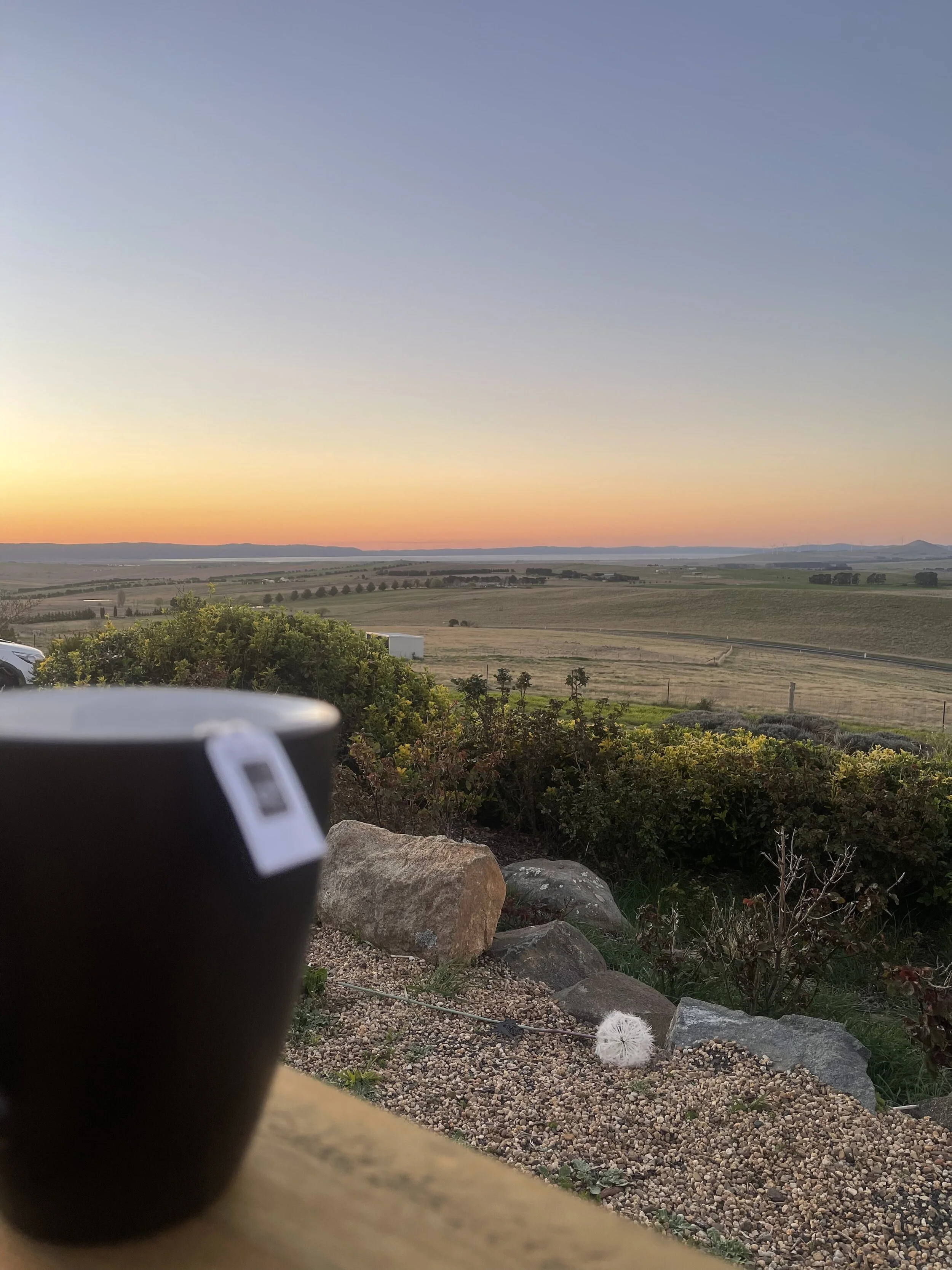 A landscape view at sunset with fields and distant mountains, a black mug with a tea bag on a wooden ledge in the foreground.