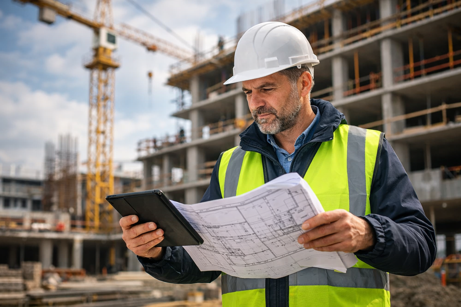 prosjektleder vurderer tegninger på byggeplass under planlegging av endringer i byggeprosjekt