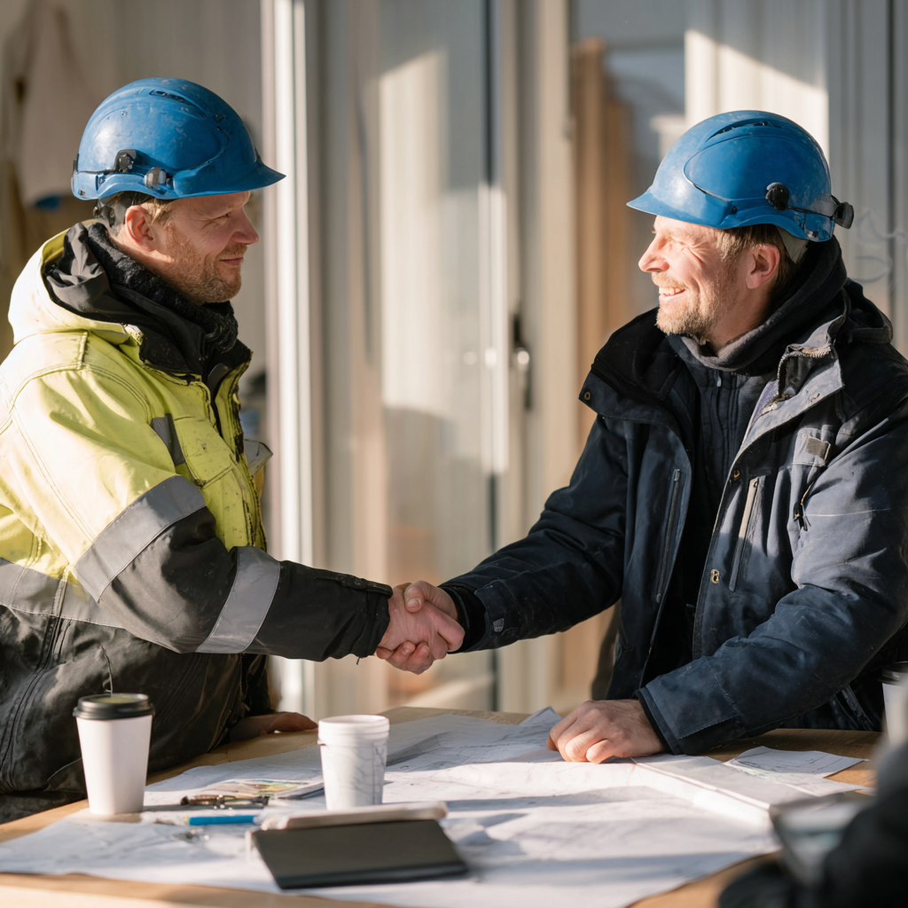 To byggearbeidere i hjelm og jakker håndhilser innendørs over bord med papirer og kopper.