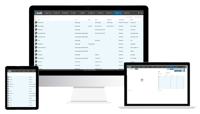 Screenshots of a software on a computer, tablet, and laptop showing lists and a calendar interface.