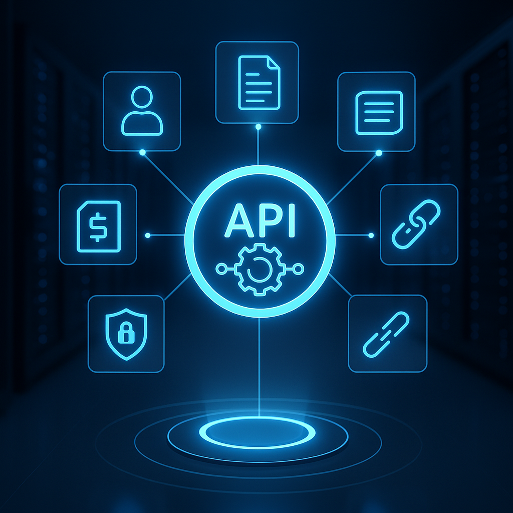 Digitalt ikonbilde av en API-kobling med ulike symboler for brukere, dokumenter, betaling, lås, lenker og chat.