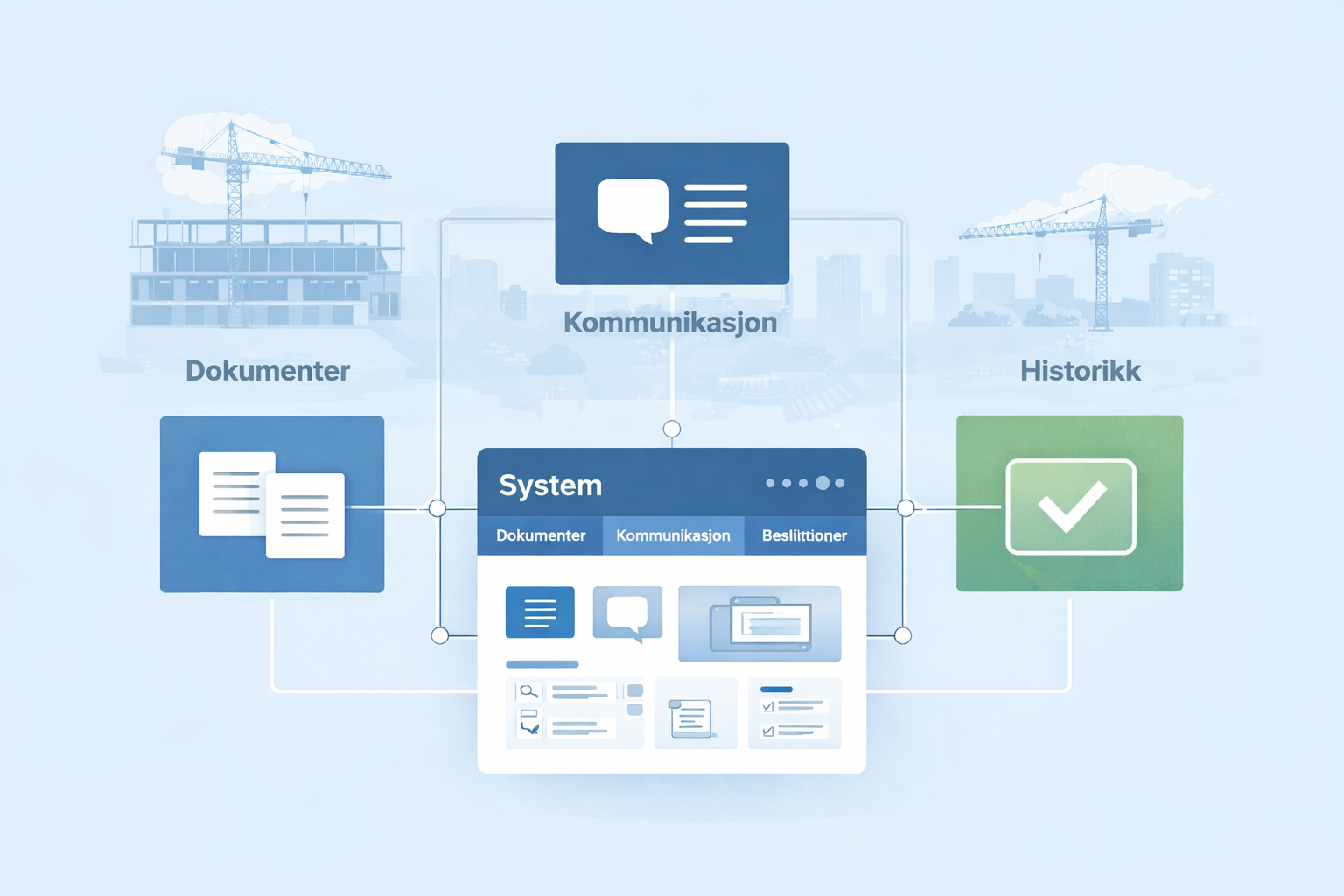 Illustrasjon av prosjekthotell som samler dokumenter, kommunikasjon og historikk i byggeprosjekter