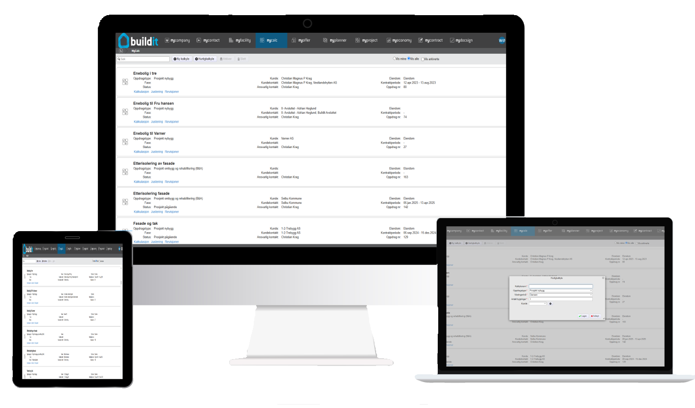 Screenshots of a computer, tablet and laptop displaying a construction and renovation portal called buildit with different user interfaces.
