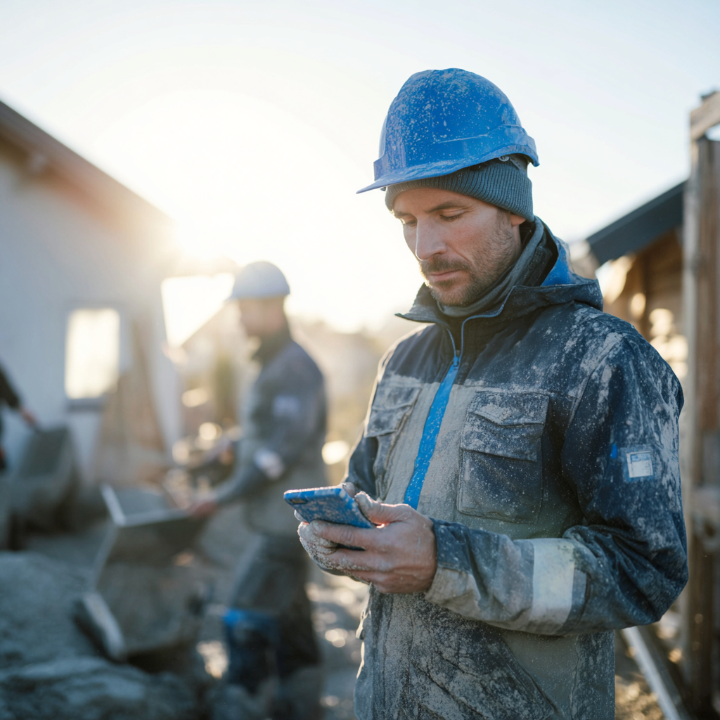 En mann iført hjelm og arbeidsklær med støv, står på en byggeplass og ser på mobilen, mens en annen person jobber i bakgrunnen.