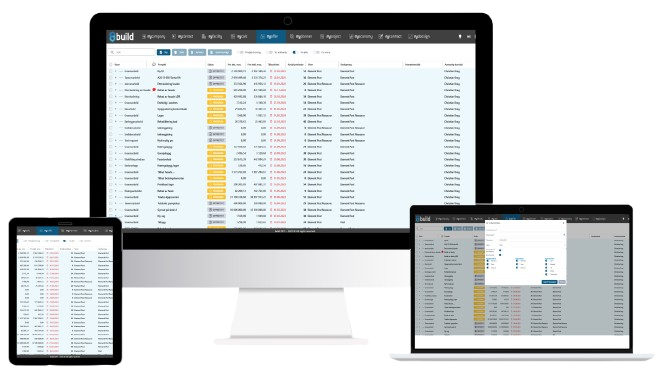 Screenshots of a computer program on three different devices, a PC, a tablet, and a laptop, with various data lists and tables showing project details and task data.