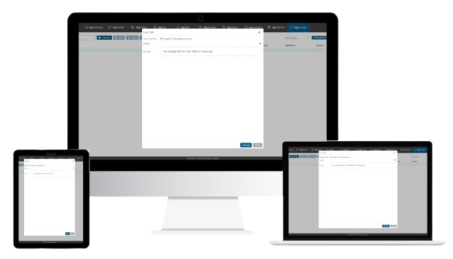Skjermbilder av en datamaskin, en nettbrett og en bærbar PC som viser en nettside med et tekstfelt og en verktøylinje.