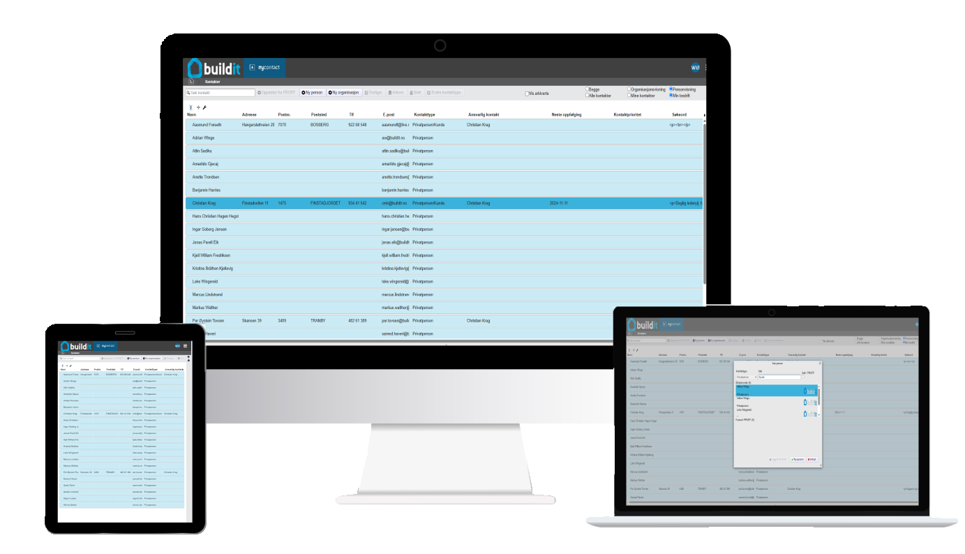 Screenshots of an expense management system on three devices: a large screen, a tablet, and a laptop, with an overview of contacts and sections, in blue and gray.