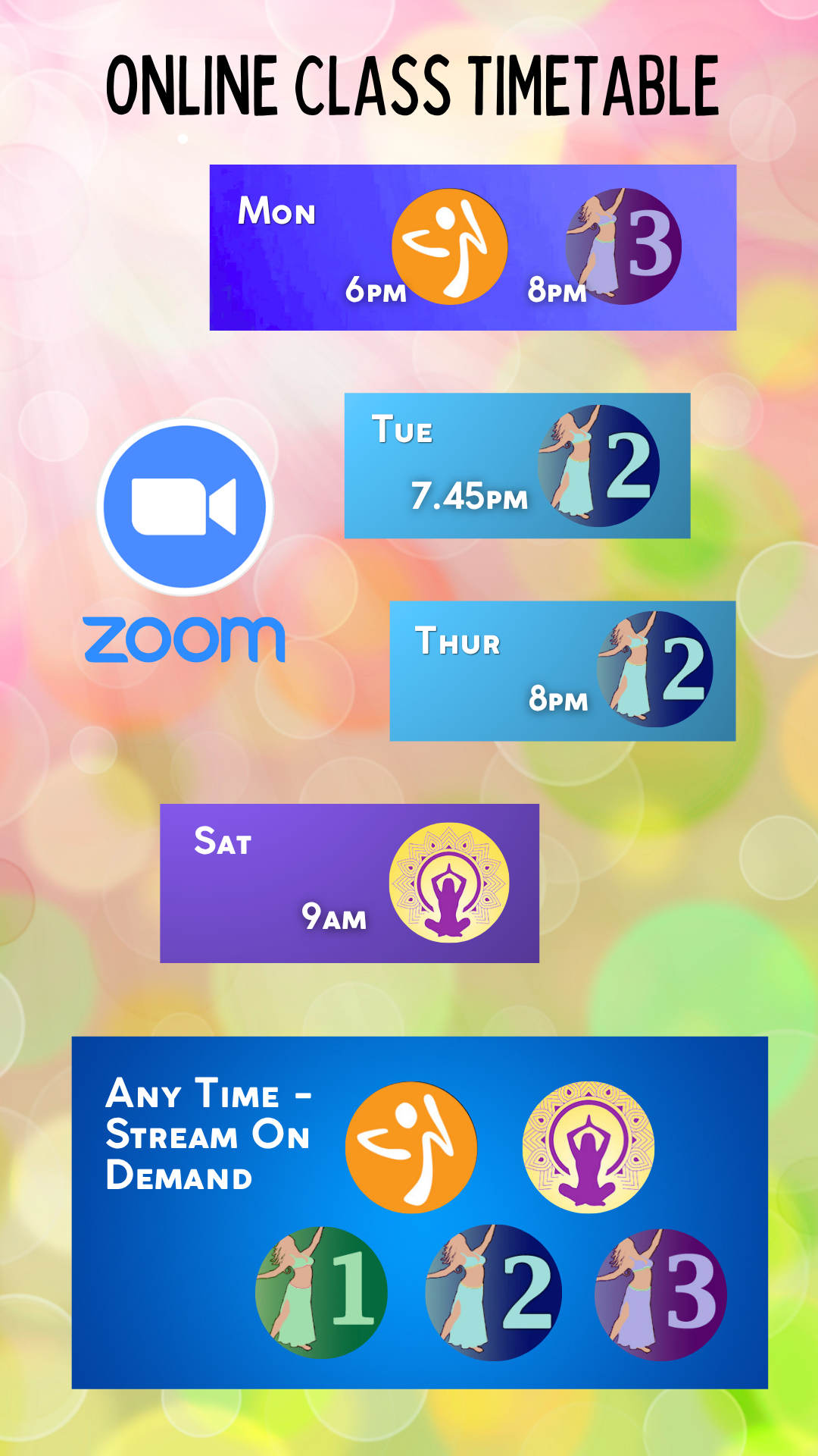 Bellydance, Zumba Gold and Yoga on Zoom - Timetable October-December 2026